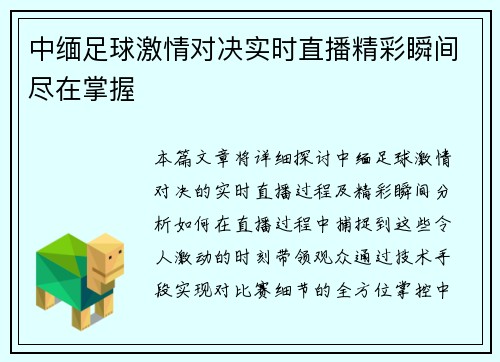 中缅足球激情对决实时直播精彩瞬间尽在掌握
